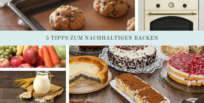 Collage aus 5 Bildern: Cookies, Kuchenbuffet,  Hafermilch im Glaskrug, Backofen